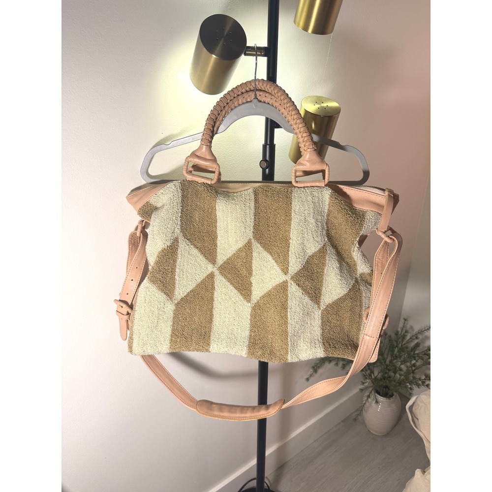 Cleobella messenger tan leather geometric rug tote day bag bohemian designer guc